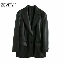 Zevity women vintage solid color PU leather blazer coat office ladies pockets causal loose stylish outwear suit coats tops CT579 210603