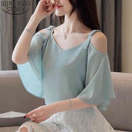 Fashion Off-Shoulder V-neck Chiffon Blouse Women Blouses Summer Top Loose Shirts Butterfly Sleeve Solid Ropa De Mujer 9036 210417