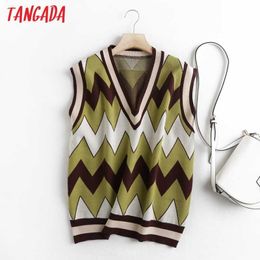 Tangada Women Green Geometry Pattern Oversize Knitted Vest Sweater Spring V Neck Sleeveless Female Waistcoat Chic Tops BC17 210609