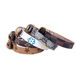 Designs Adjustable PU Leather Pet Collars Fashion Letters Print Old Flowers Leashes for Cat Dog Necklace Durable Neck Decoration A2995