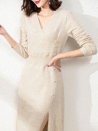 Womens Knitted Dress with Design Sense Long Sleeve Split Autumn and Winter New A- line Skirt