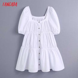 Tangada Summer Women White Pleated Dress Square Neck Puff Short Sleeve Ladies Mini Dress Vestidos BE813 210609
