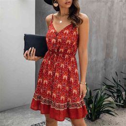 Elegant Button Women Dresses Summer Sexy Spaghetti Print Mini Dress Fashion V-neck Backless Beach Dress Vestidos 210415