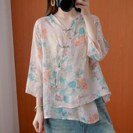 Oversized Women Cotton Linen Blouses Shirts New Autumn Vintage Style Floral Print V-neck Female Loose Casual Tops S1652 210412