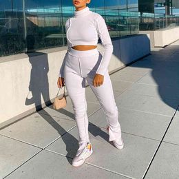 Two Piece Set Sexy Stacked Collar Fitness Ribbed Tracksuit Solid Long Sleeve Crop Tops Sweatshirt + Flare Hem Split Jogger Pant 210517