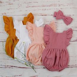 Organic Cotton Baby Girl Clothes Summer Double Gauze Kids Ruffle Romper Jumpsuit Headband Dusty Pink Playsuit For born 211011