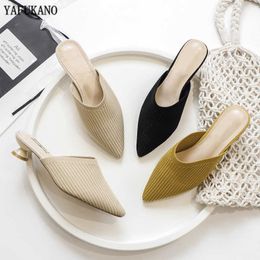 Knit Breathable Slides Brand Womens Sandals Outdoor Students Low Heel Pointed Toe Half Slippers Summer Beach Leisure Mules Shoes Y0608
