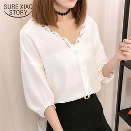 summer women fashion clothing tops lace solid sweet style v-neck casual blouses shirts 0340 40 210506