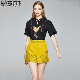 summer Embroidery Suit Short Short Sleeve O Collar Black Shirt Top + High Waist Pocket 2 pieces Sets 210531