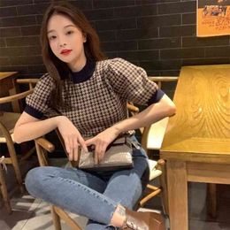 Korean Knitted Short Sleeve O Neck Women Pullovers Harajuku Hit Colour Patchwork Plaid Sweaters Vintage Sweet Sueter Mujer 210805