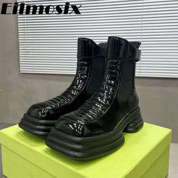 Boots Thousand Layer Thick Bottom Crocodile Pattern Knight Women Square Toe Elastic Band Slim Back Zipper Motorcycle