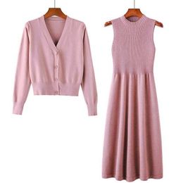 Fashion Autumn Knitwear 2 Piece Sets Solid V Neck Long Sleeve Cardigan Coat Bottom Knitted Sleeveless Pleated Sweater Dress 210610