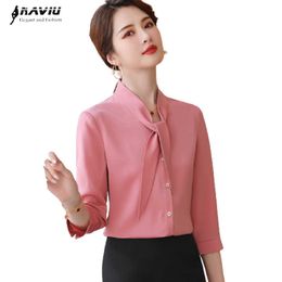 Shirt Women Fashion Summer Simple Bow Design Casual Half Sleeve Chiffon Blouses Office Ladies Work Tops 210604