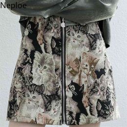 Neploe Fashion High Waist Hip A Line Skirt Retro Cat Embroidery Print Jupe Femme Autumn Spring Outwear Zipper Faldas Mujer 48683 210629