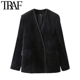 TRAF Cappotto blazer in velluto patchwork moda donna Cappotto vintage con scollo a V manica lunga Capispalla femminile Chic Veste Femme 210415