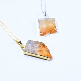 Natural Citrine Quartz Chakra Crystal Druzy Healing Gemstone Pendant Positive Energy Freeform Square Slice Cut Yellow Stone Reiki Necklace Gold / Silver Plated