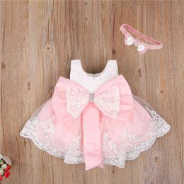 2021 Newborn Baby Princess Girls Dress Headband 6 Colors Sleeveless Lace Bow Flowers Dress Wedding Party Kids Clothes 0-24M G1129