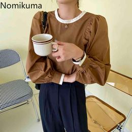 Nomikuma Korean Style Back Lace Up Long Sleeve Blouse Women O Neck Contrast Color Chic Shirts Female Elegant Fashion Blusas 210514