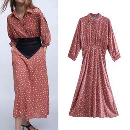 Polka Dot Shirt Dress Woman Lapel Collar Long Sleeves Midi Women Back Elastic Waistband Fashion Casual es 210519