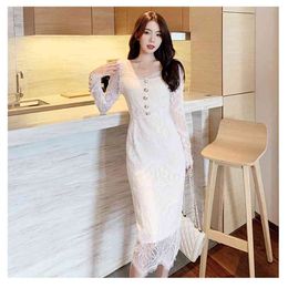 Women's Spring Autumn Dress Korean Style Lace Hollow Long Sleeve Solid Colour Slim Mid-length Female es LL671 210506