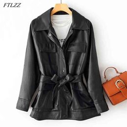Spring Autumn Women Loose Pu Faux Leather Jacket with Belt Casual Female Medium Long Coat Pocket Black Outwear 210430
