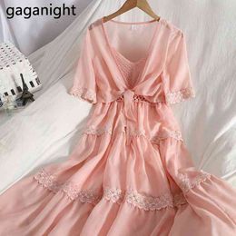 Gaganight Two Piece Set For Women Solid Sleeveless Ruffled Spaghetti Strap Dress+See Through Transparent Bandage Tops Suits 210519