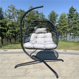 -US-amerikanische Swing Egg-Stuhl-Stand-Innen-Outdoor-Wicker Rattan-Terrasse-Korb hängender Stuhl mit C-Typ-Halterungskissen und -kissen, grau A53 A02