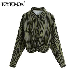 Women Fashion With Knot Animal Print Cropped Blouses Long Sleeve Button-up Female Shirts Chic Tops 210420