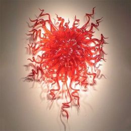 Art Deco Italian Style Murano Flower Lamps Home Decoration Modern Arts Red 100% Hand Blown Glass Hanging Scallop Edges Shape 24X32 Inches Wall Decor