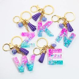 Fashion Purple Blue Letter Keychain With Tassel Sequins Filling Resin Initials Key Chain Women Bag Hanging Pendant Keyring Gifts