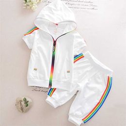 Kid Boy Girl Clothes Sportswear Summer Fashion Short Sleeve Colourful Zipper Hooded Clothing For Girls Children Outfit Set 211025
