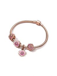 925 Sterling Silver Rose Gold Daisy Charm Bead fit European Pandora Bracelets for Women Cinderella Crystal Magnolia Charm Beads Snake Chain Fashion Jewellery