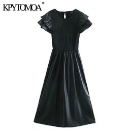 Women Chic Fashion Faux Leather Elastic Smocked Midi Dress O Neck Ruffled Sleeve Female Dresses Mujer 210420