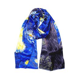 Women Long Natural 100% Silk Scarf Famous Art Printing Bandana Shawl Hand Rolled Vincent Van Gogh's - Starry Night In Blue