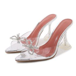 Sandals 2022 Women Transparent High Heels Bow Rhinestone Buckle Sexy Crystal Heel Design Mules Slides Fashion Wedding Shoes