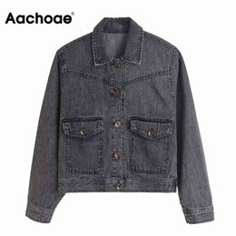 Aachoae Women Fashion Grey Denim Jacket Turn Down Collar Vintage Cotton Jeans Coat Long Sleeve Pockets Outerwear Short Tops 210413