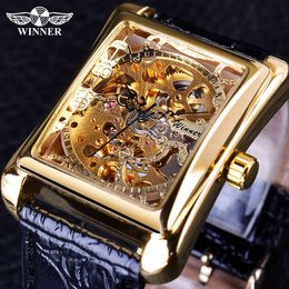 Winner Retro Casual Series Rectangle Dial Design Golden Pattern Hollow Skeleton Watches Men Watch Top Brand Luxury Mechanical