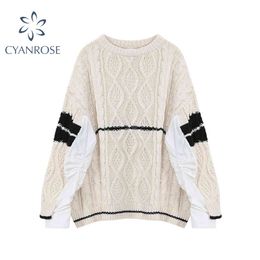 Women Oversized Sweaters Winter Long Sleeve Patchwork Knitted Pullover Female Harajuku O-neck Loose Ugly Sweater Jumper Top 210417