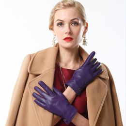 -Mujeres genuinas piel de oveja cuero señoras elegante moda invierno guantes cálidos cordero hechos a mano lujosos S2110 Cinco dedos