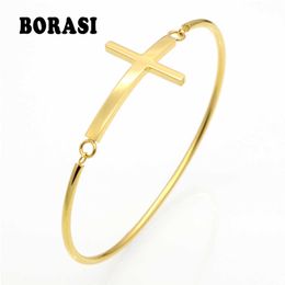 Fashion Gold Sideways Cross Faith Christian Stainless Steel Cross Bracelet Simple Tiny Small Horizontal Cross Bracelets Q0719