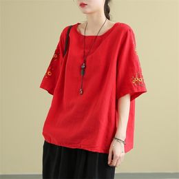Summer Arts Style Women Short Sleeve Loose T-shirt Vintage Embroidery O-neck Tee Shirt Femme Cotton Tops Plus Size M37 210512