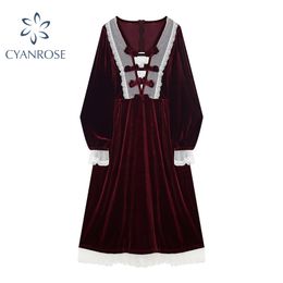 Red French Vintage Dress Chest Bandage Button Square Collar Long Sleeve Flannel Frocks Female Elegant Retro Vestidos Lady 210417
