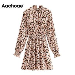 Fashion Women Leopard Print Mini A Line Chic Party Dress Elastic Waist Long Sleeve Retro Dresses Vestidos Mujer 210413