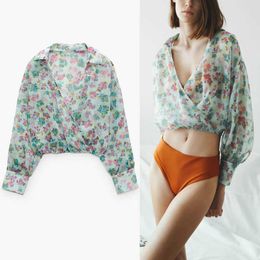Za Blouse Floral Print Chiffon Cropped Blouse Women Long Puff Sleeve Elastic Summer Top Female Fashion Loose Flower Shirt 210602