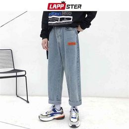 LAPPSTER Mens Korean Fashoins Harem Blue Jeans Pants Vintage Straight Harajuku Baggy Free Belt Wide Leg Denim 210716