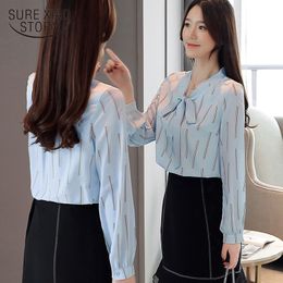 Autumn Fashion Blue Casual Tops Office Lady Long Sleeve Striped Bow Chiffon Blouses V-neck Women Clothing 5497 50 210417