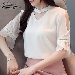 plus size blouses woman summer short sleeve solid chiffon women shirts v-neck white off shoulder top 4951 50 210508