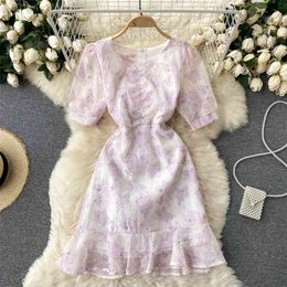 Women Fashion Round Neck Elegant Purple Print Dress Summer Short Sleeve Embroidery Hollow Slim Ruffled Vestidos S579 210527