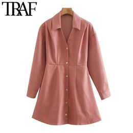 TRAF Women Chic Fashion Button-up Velvet Mini Dress Vintage Lapel Collar Long Sleeve Female Dresses Vestidos Mujer 210415