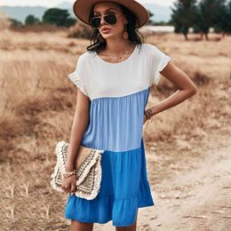 Summer vintage mini casual dresses for women summer Colour block loose dress womens ruffles A-Line short dress vestido 210514